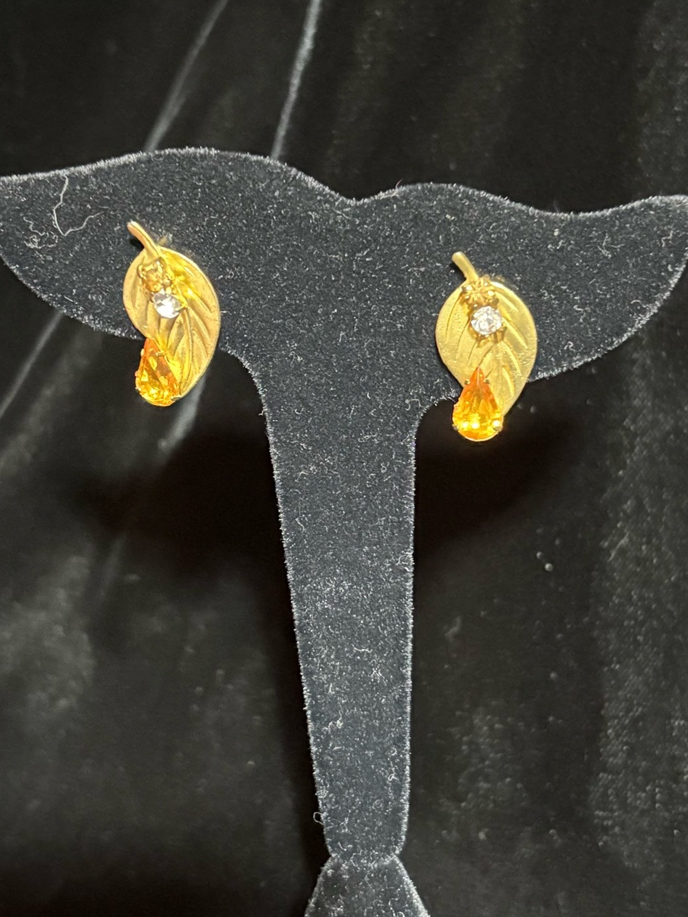 Gold Leaf Drop Earrings with Amber Teardrop Stones
